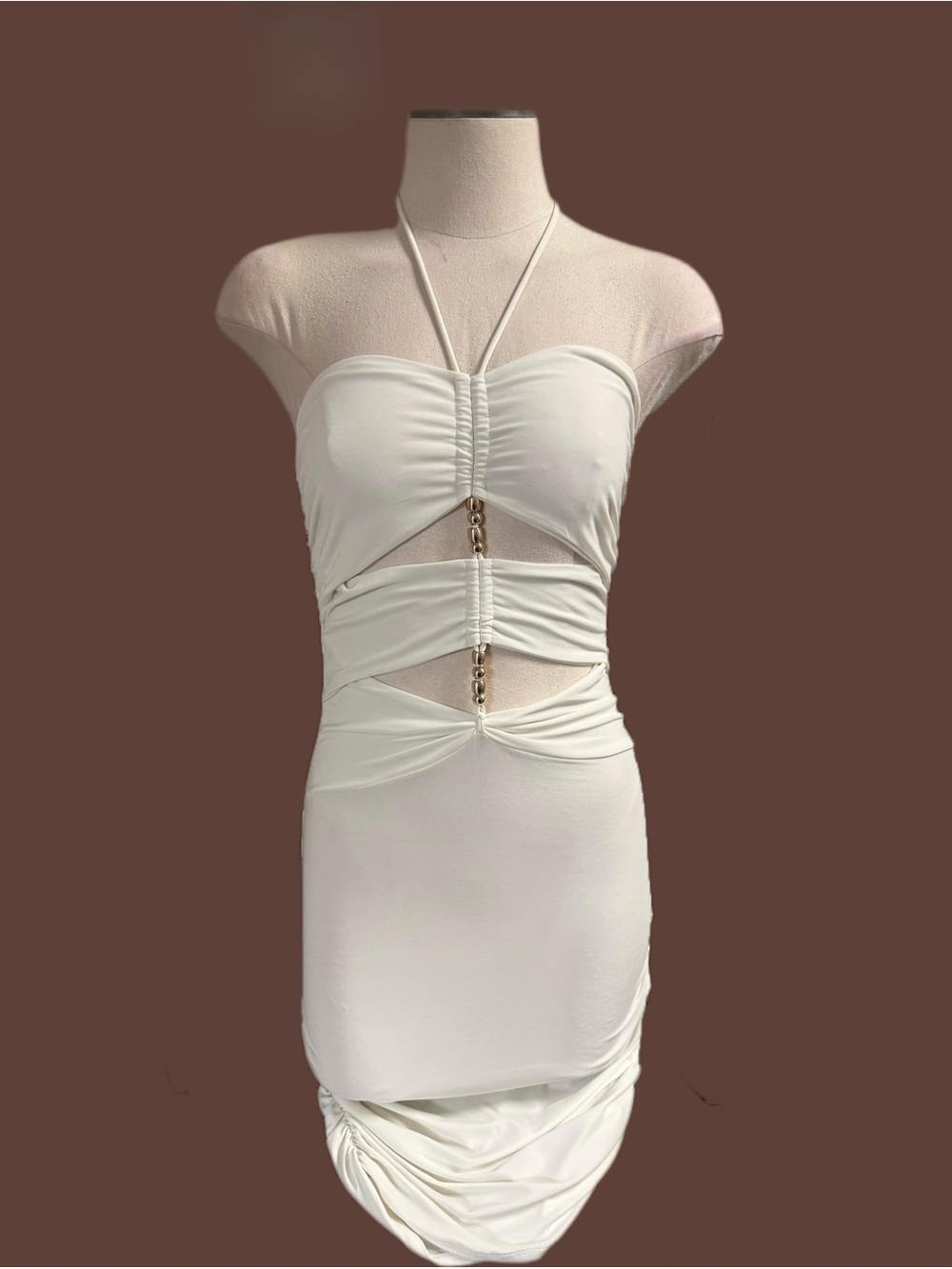 Symphony White Halter Cutout Midi Dress with Chain Detail